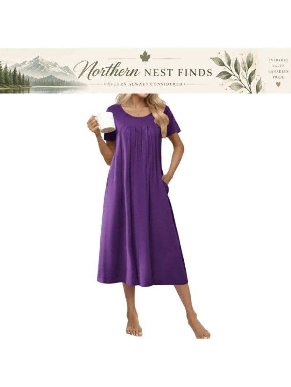 Cotton Blend Nightgown Short Sleeve House Dress with Pockets